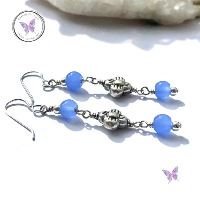 Blue Chalcedony Silver Flower Dangle Earrings